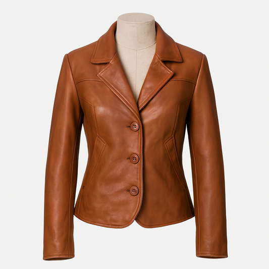 Verona Classic lambskin leather blazer, front view in tan
