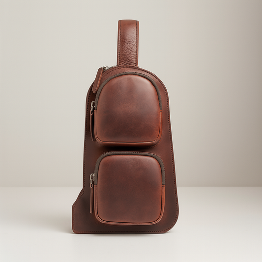 Front view of a vintage-style brown leather sling bag with two square zippered compartments and top carry strap