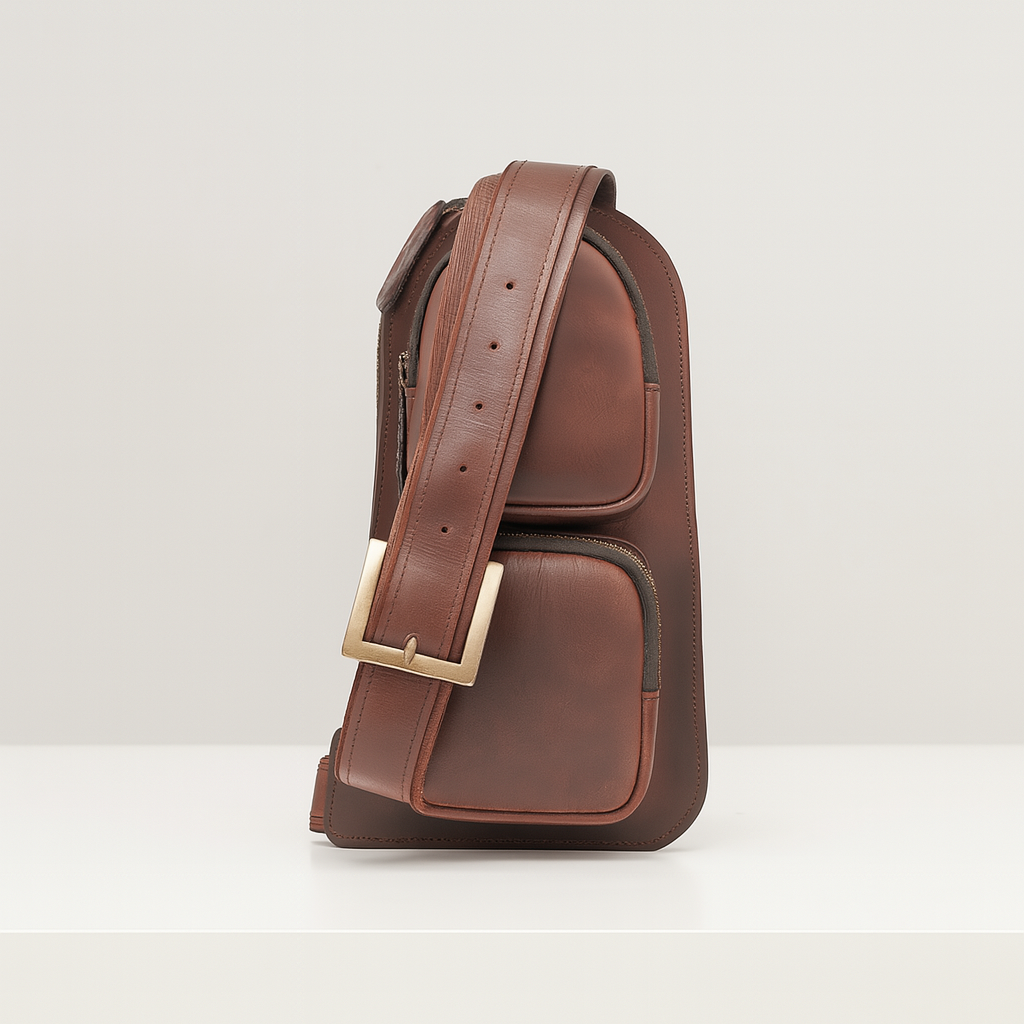 Rear angled view of a brown leather sling bag featuring dual front pockets and an adjustable strap with brass buckle