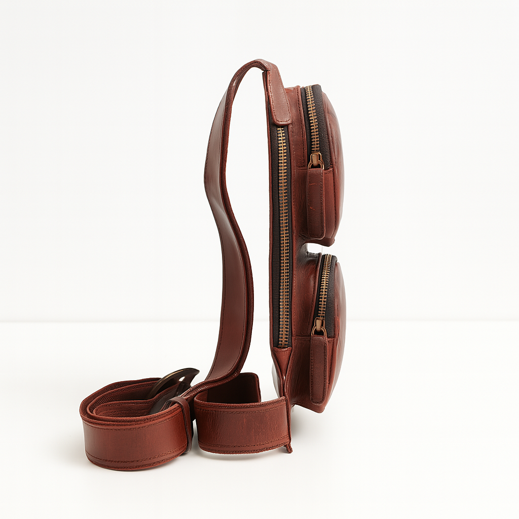 Side view of a slim brown leather sling bag with two zippered compartments and adjustable shoulder strap