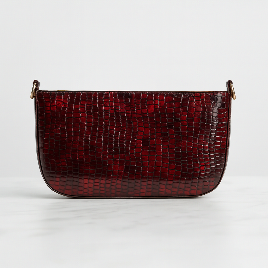 Red croc-embossed mini shoulder bag, front view