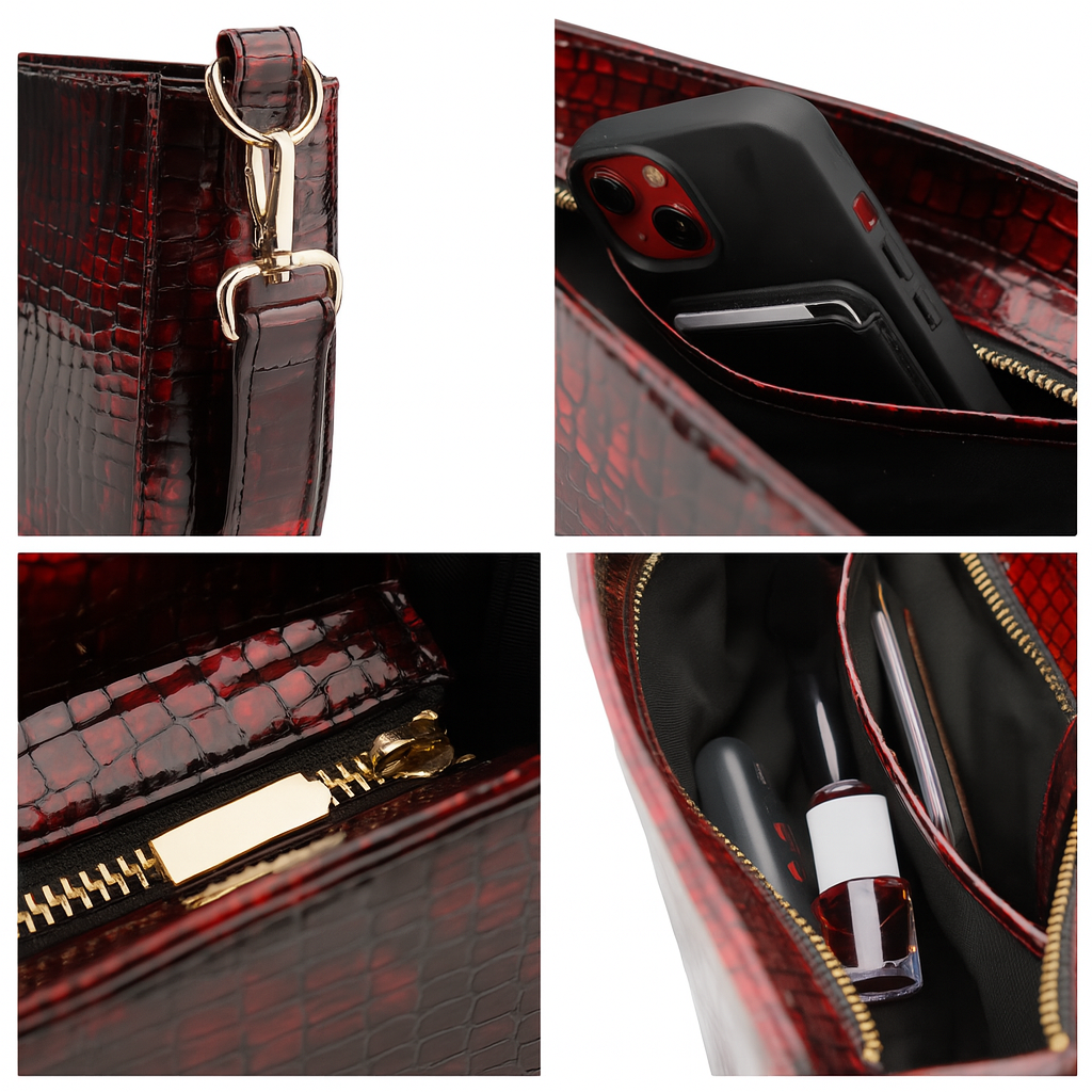 Close-up details and interior view of red croc-embossed mini shoulder bag