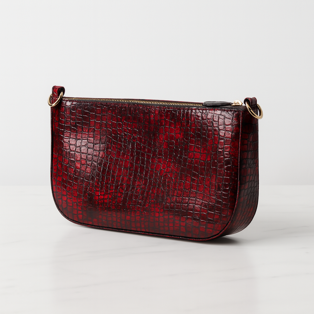Red croc-embossed mini shoulder bag, angled side view