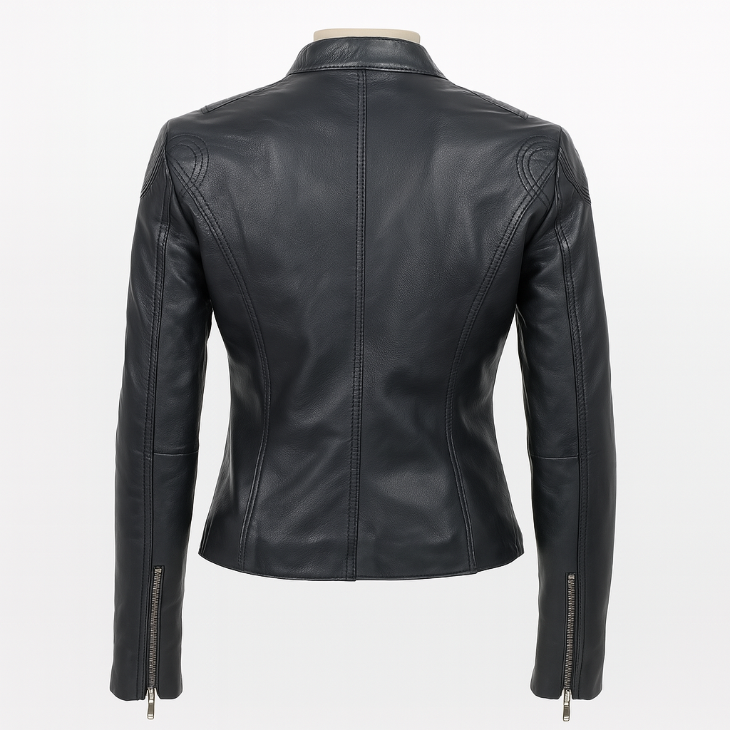 Rogue Femme women’s leather biker jacket, back view with panel stitching.