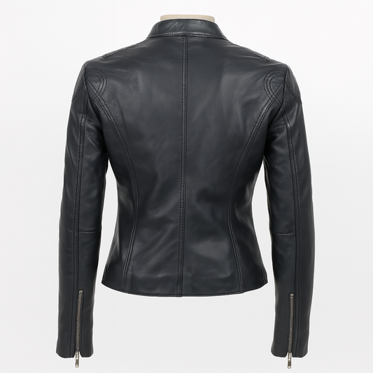 Rogue Femme women’s leather biker jacket, back view with panel stitching.