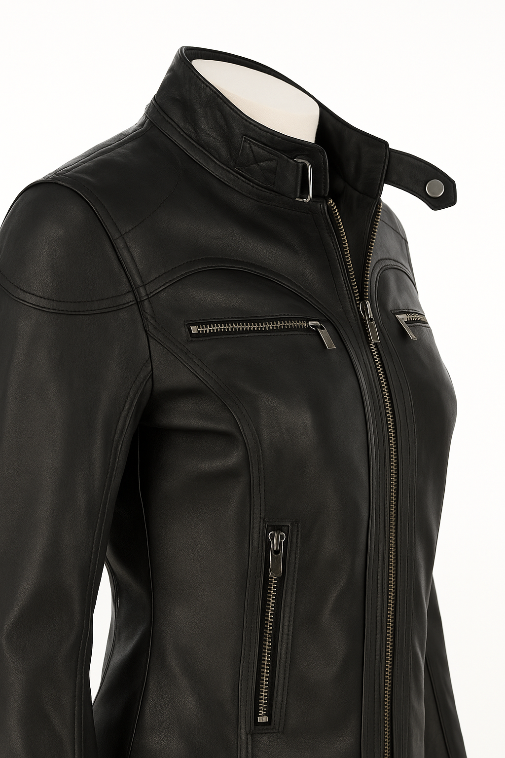Rogue Femme women’s biker jacket, side view showing zip details and collar buckle.