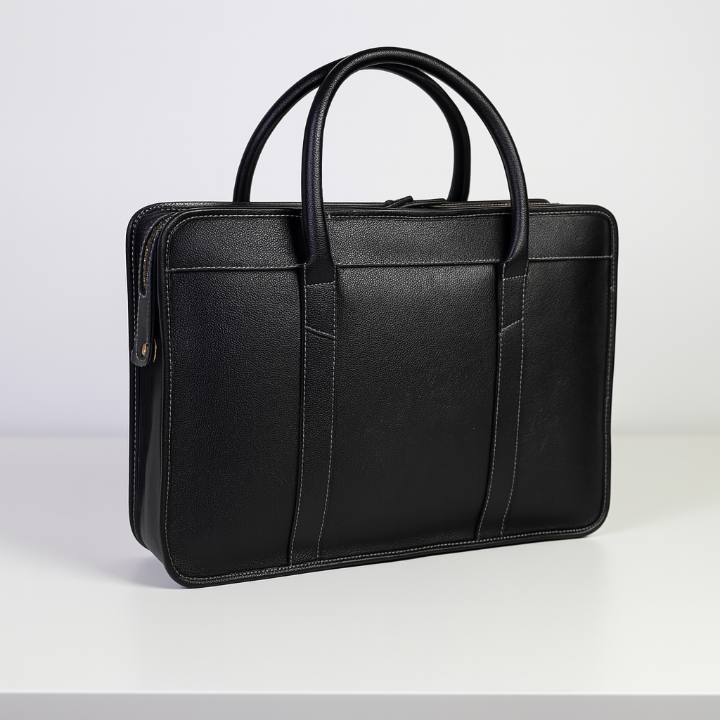 Side angle view of black leather laptop briefcase with double top handles and minimal stitching detail