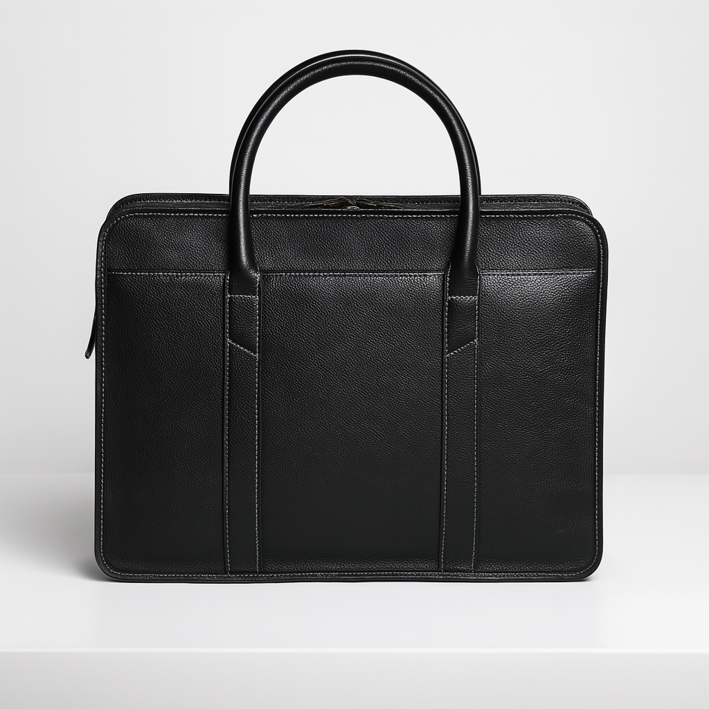 Back view of a sleek black leather laptop briefcase with double handles and reinforced stitching design