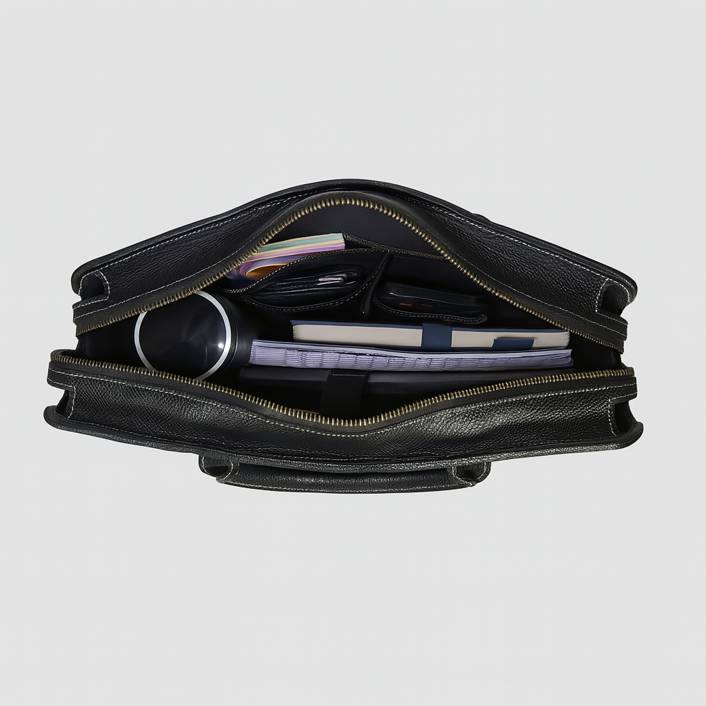 Top view of open black leather briefcase showing organized compartments with water bottle, notebook