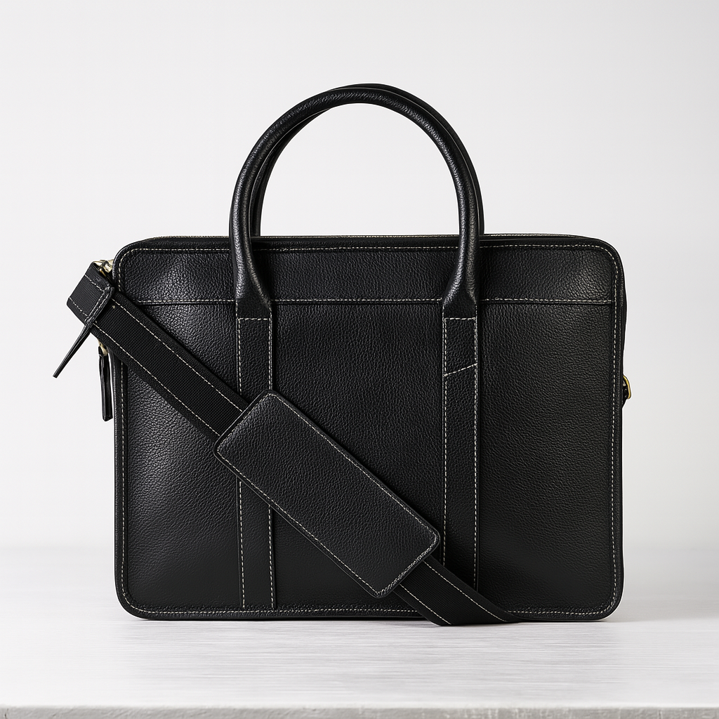 Black leather laptop briefcase with top handles and adjustable shoulder strap, featuring textured finish front view.