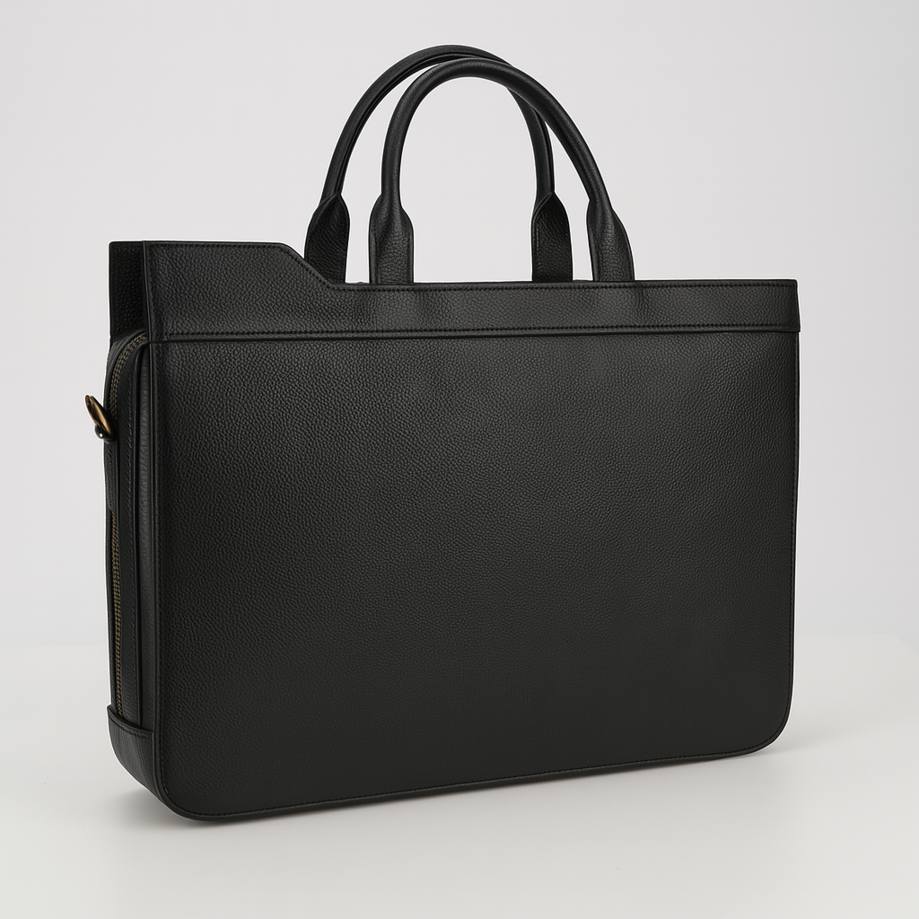 ExecutiveCraft black leather tote, pebbled jacket texture, angled side view.