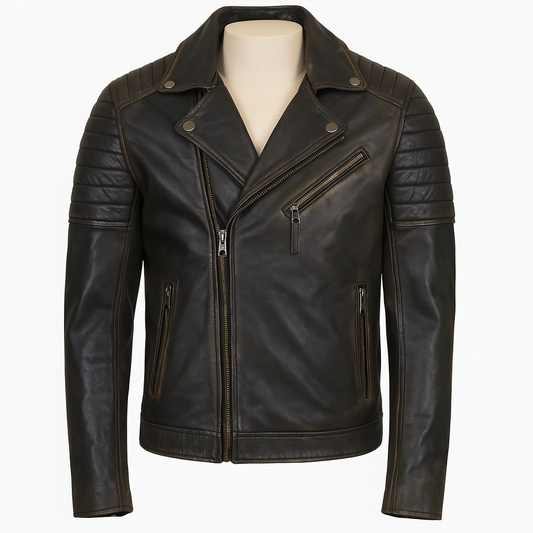Front View of Distressed black leather biker jacket with quilted shoulders.