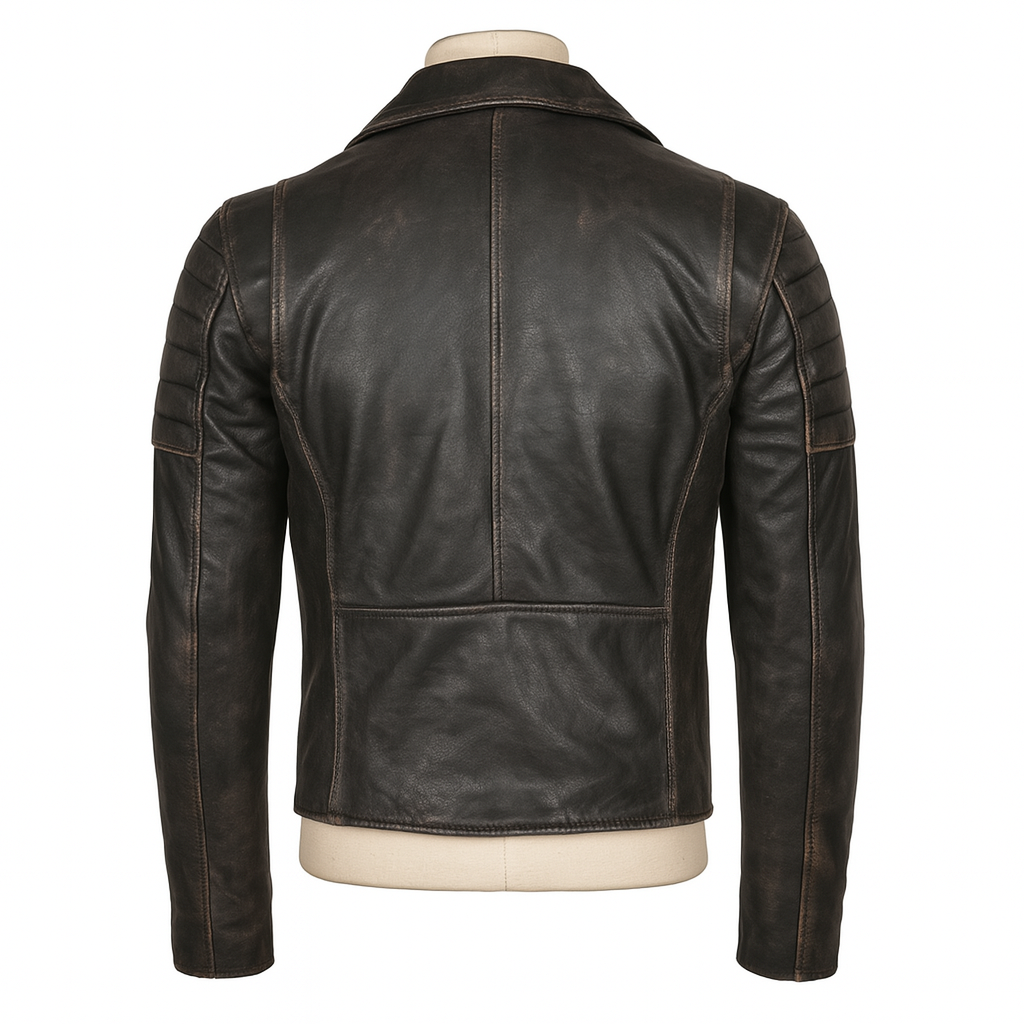 Back view of distressed black leather biker jacket.