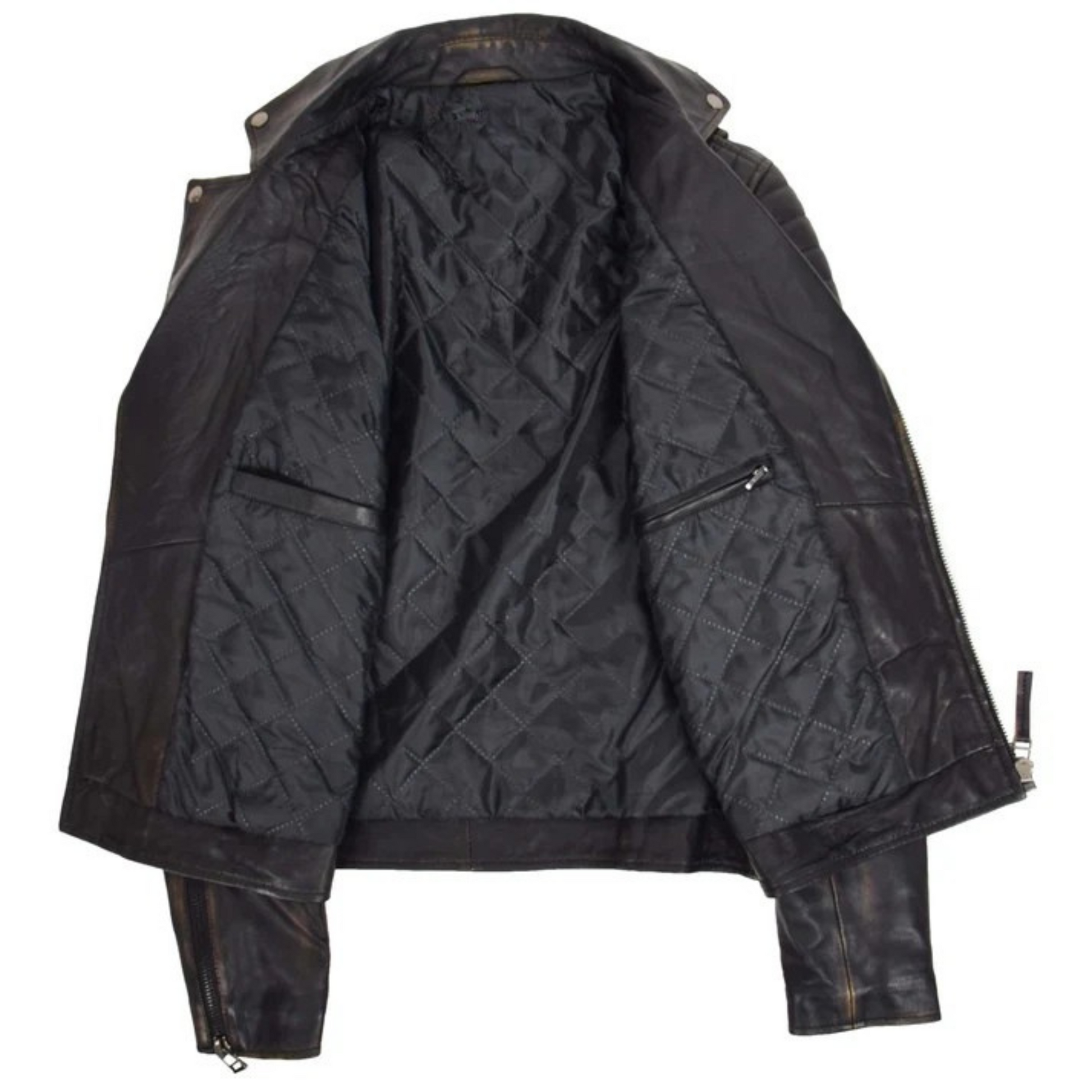 Open view of biker jacket showing quilted black lining and inner pockets.