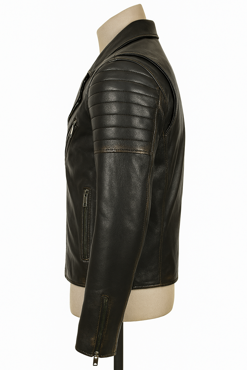 Side view of black leather biker jacket with quilted shoulders.