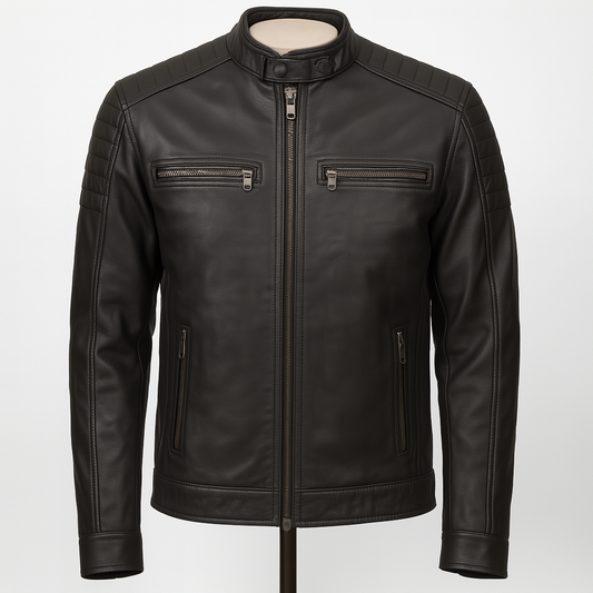 Men’s black leather biker jacket with quilted shoulders, snap-tab collar, and multiple zippered pockets.