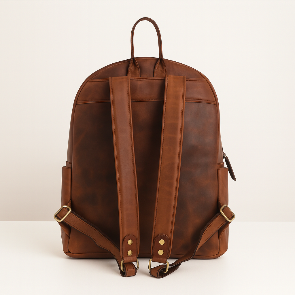 Back view of brown leather backpack with padded adjustable straps