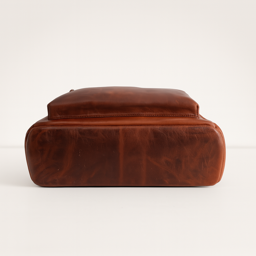 Bottom view of brown leather backpack with smooth grain finish