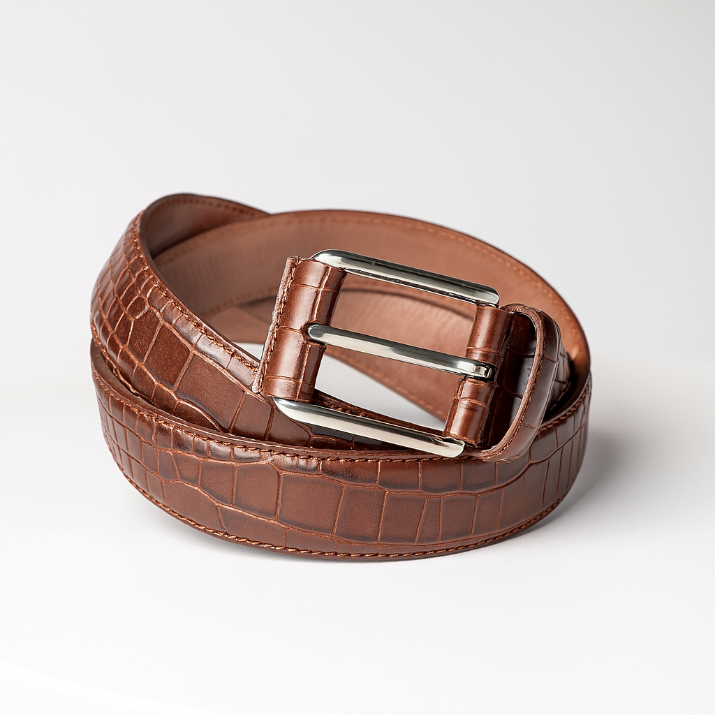 Brown crocodile-textured leather belt with silver double buckle, coiled on a clean white background