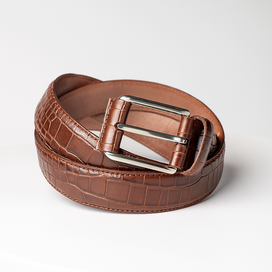 Brown crocodile-textured leather belt with silver double buckle, coiled on a clean white background