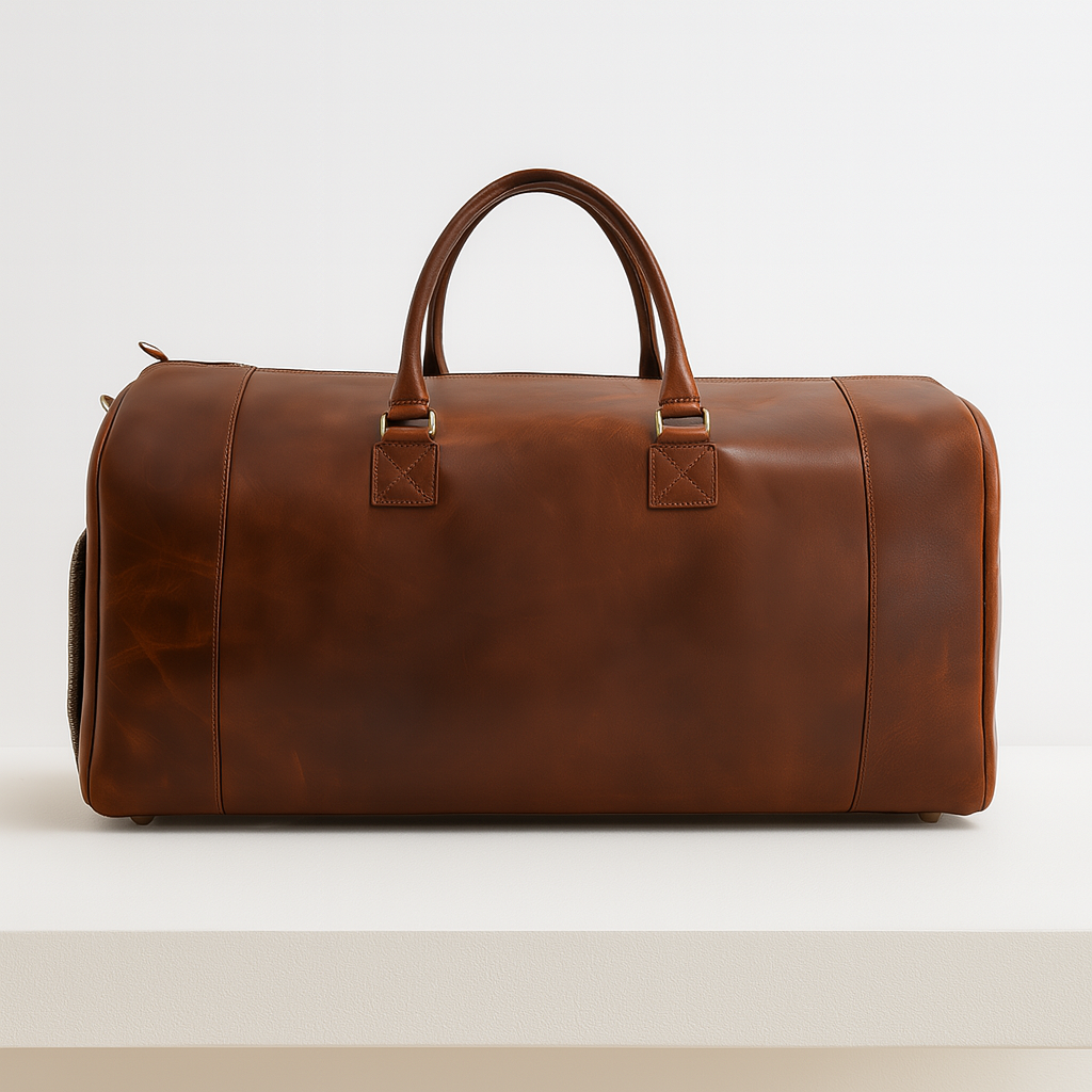 Back view of brown leather cowhide travel duffle with twin carry handles