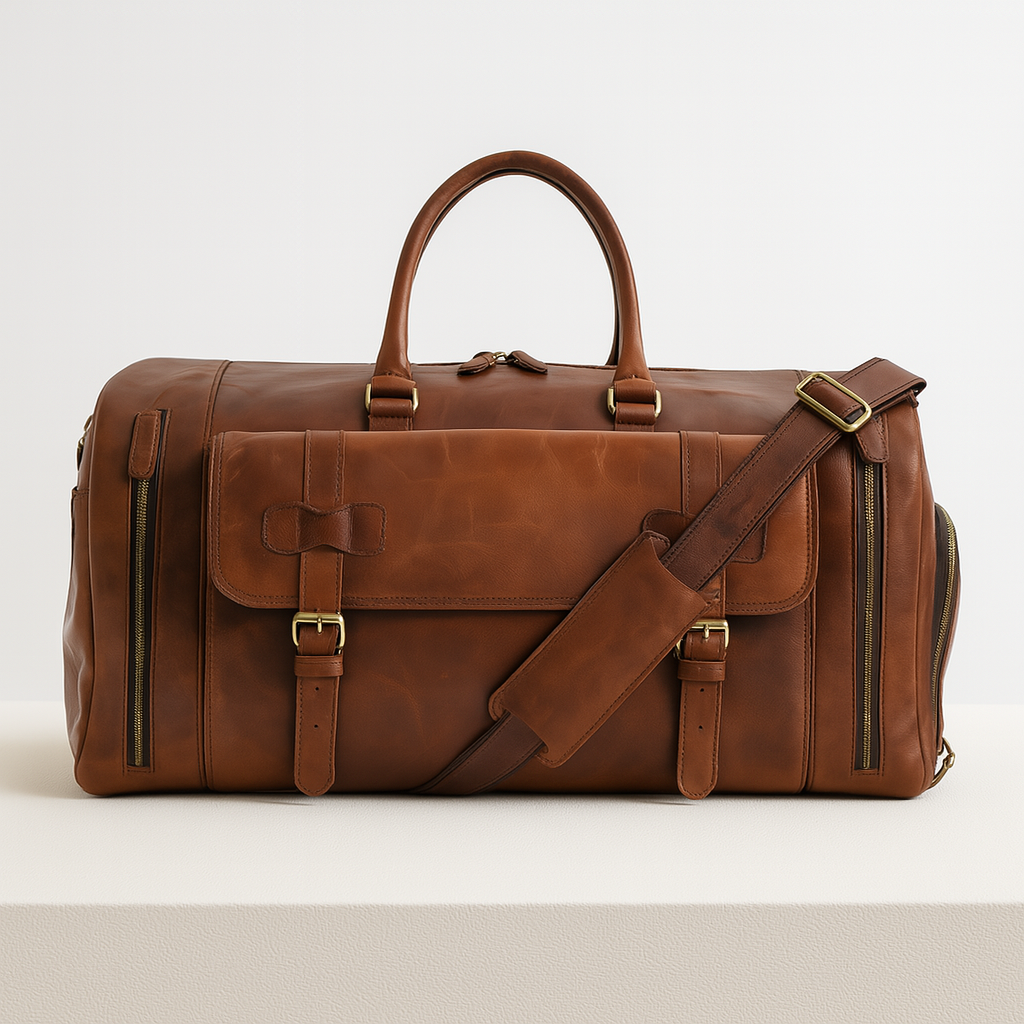 Front view of brown leather cowhide weekender duffle with shoulder strap