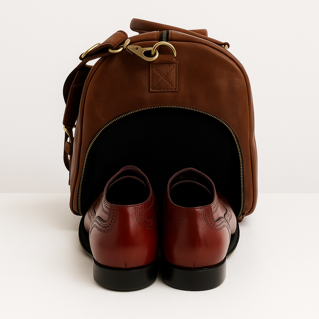 Side view of brown leather duffle with open shoe compartment and gold hardware
