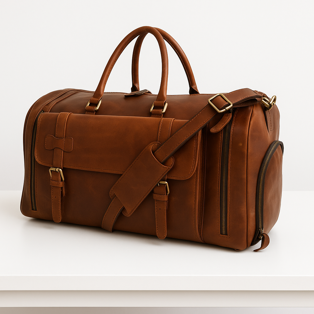 Side angled view of brown leather cowhide travel duffle with gold hardware