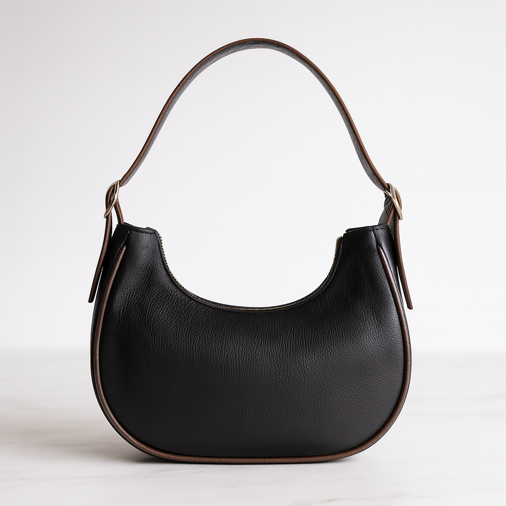 MoonLuxe Crescent Shoulder Bag in black, front view.