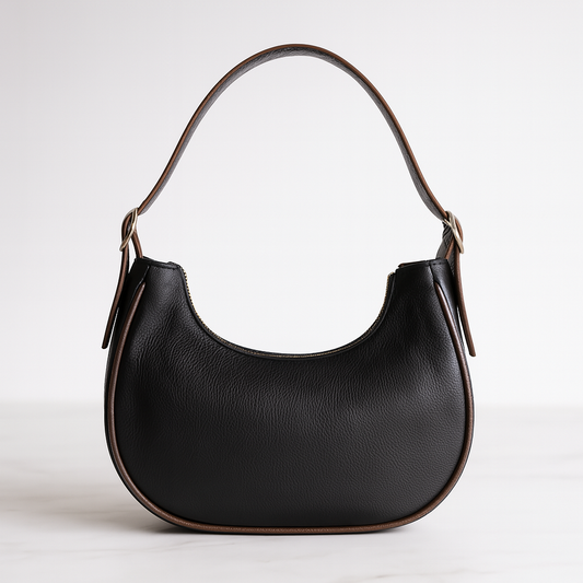 MoonLuxe Crescent Shoulder Bag in black, front view.