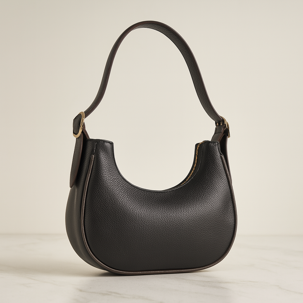 MoonLuxe Crescent Shoulder Bag in black, side angle view.