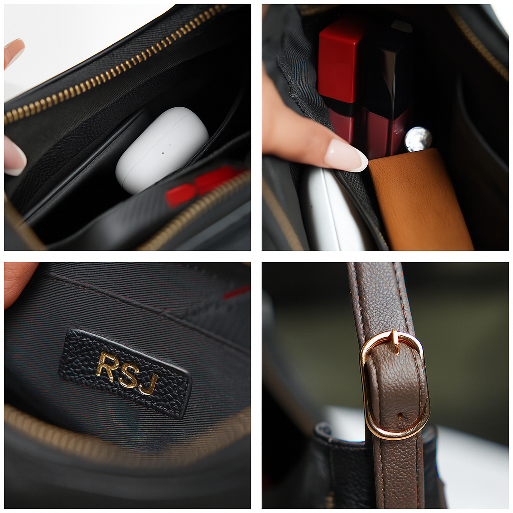 Close-up collage showing MoonLuxe bag's interior pockets, zipper, and buckle details.