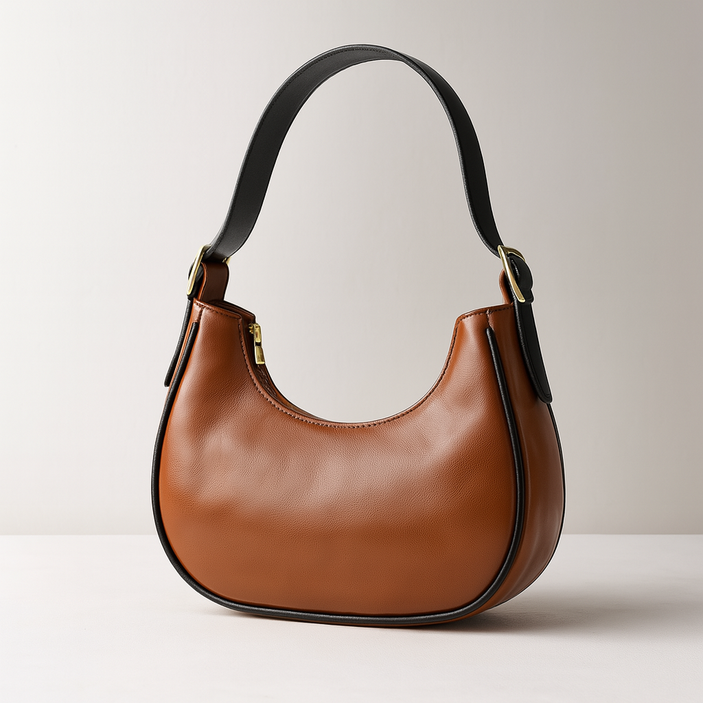 MoonLuxe Crescent Shoulder Bag in tan, side profile view.