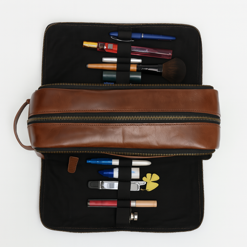 Opened brown leather dopp kit with organized interior compartments