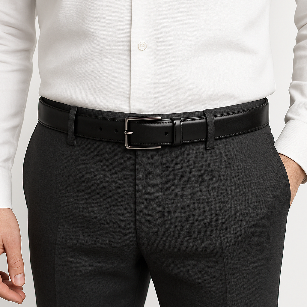 Man wearing a reversible black and brown leather belt with a silver buckle, styled with formal trousers and a white shirt