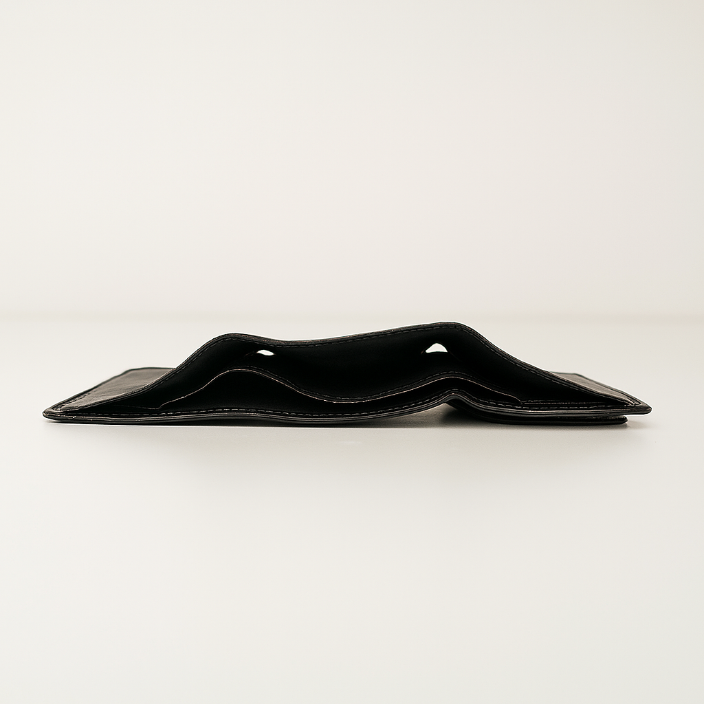 Top-down view of open black trifold leather wallet showing spacious bill compartments