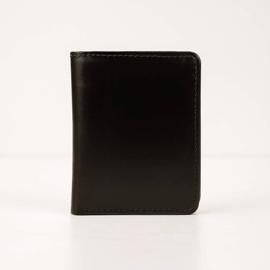 Trifold black cow leather wallet with card slots and cotton lining.