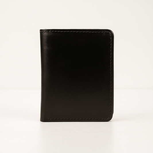Trifold black cow leather wallet with card slots and cotton lining.