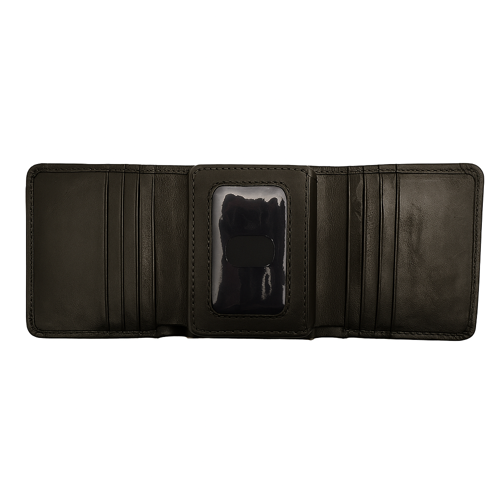 Open view of trifold black leather wallet with card slots, ID window, and cotton lining.
