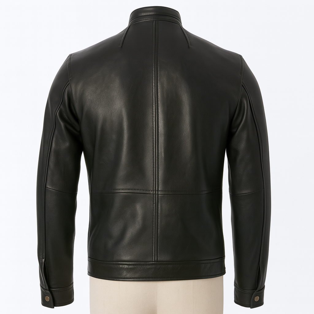 Rogue Raven biker jacket, back view showing panel stitching.