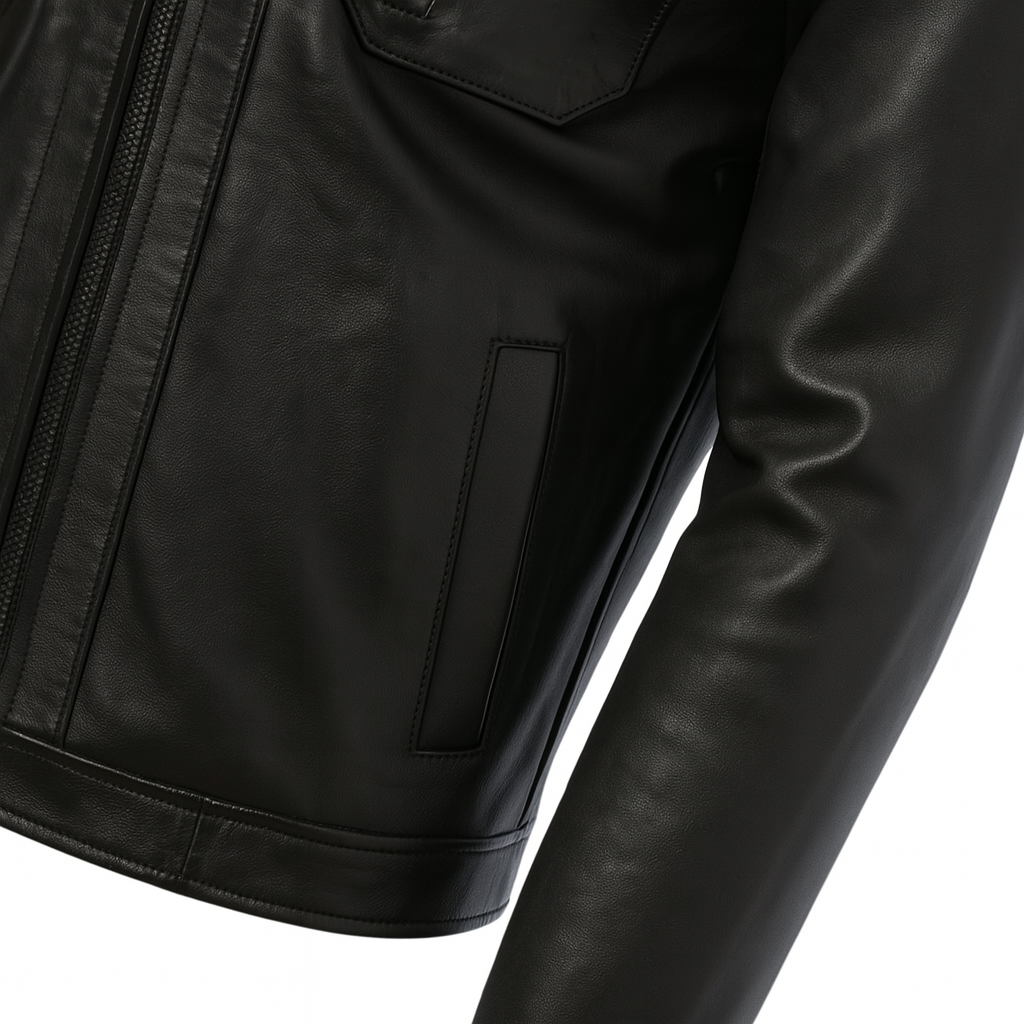 Rogue Raven jacket close-up, showing leather texture and pocket detail.