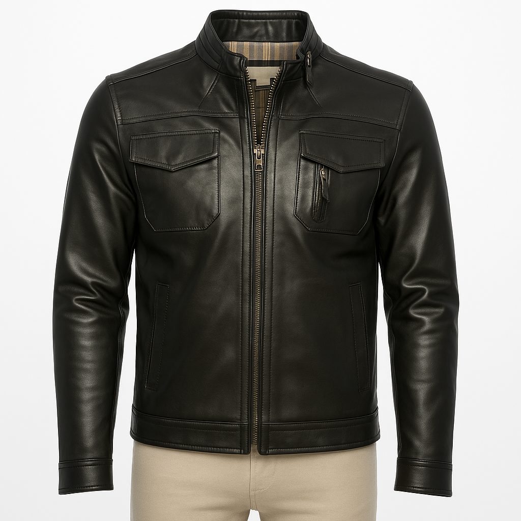 Rogue Raven black lambskin biker jacket, front view with flap pockets.