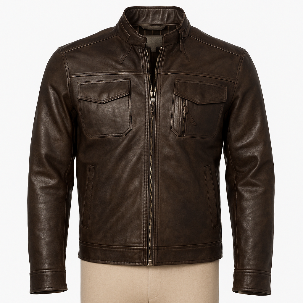 Rogue Raven chocolate brown biker jacket, front view with flap pockets.