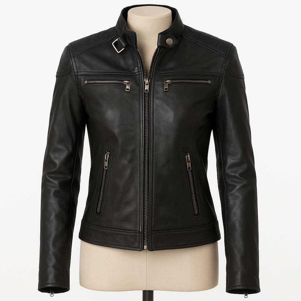 Rogue Femme women’s black biker jacket, front view with zipper details.