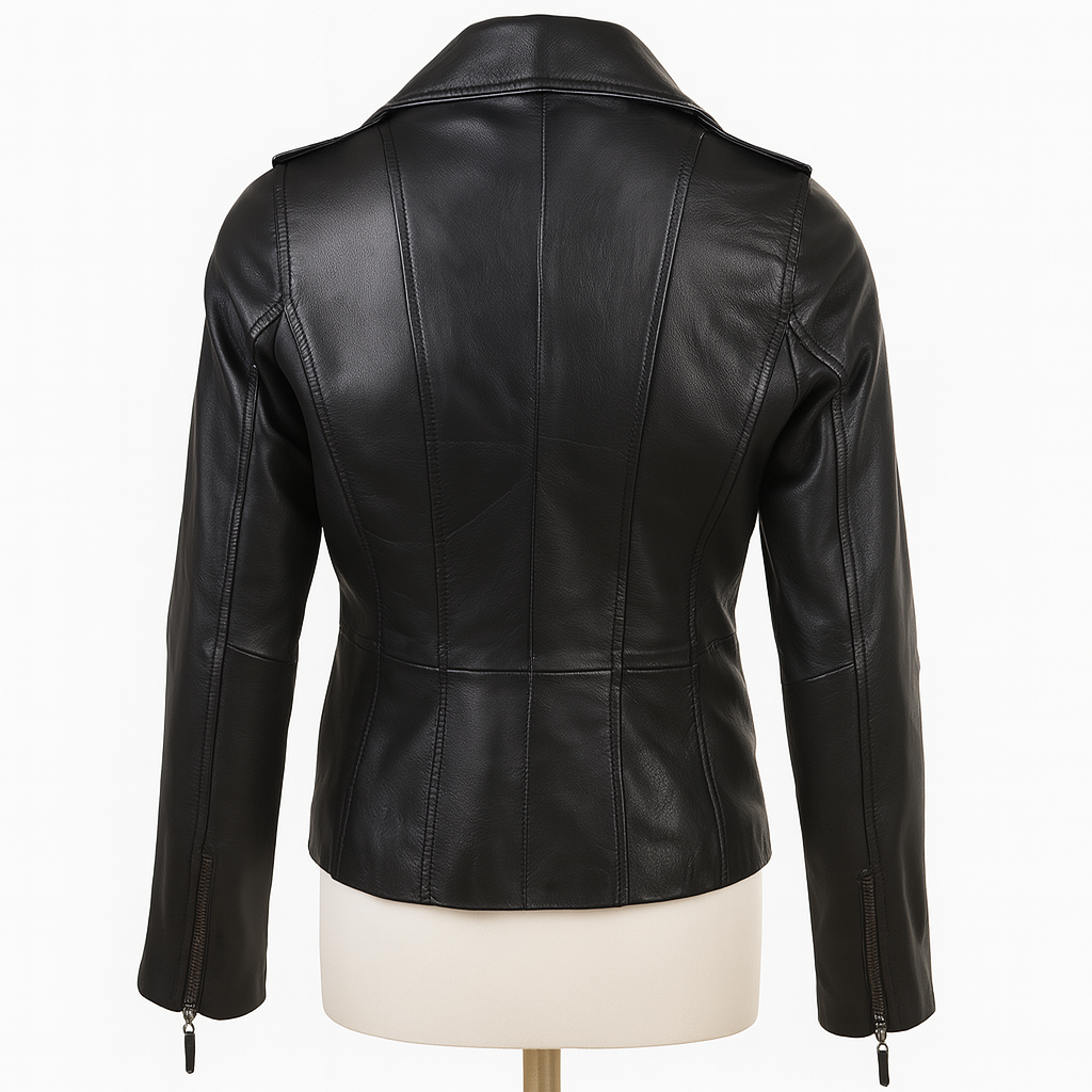 Ashwood Timber black lambskin biker jacket, back view showing seam details.