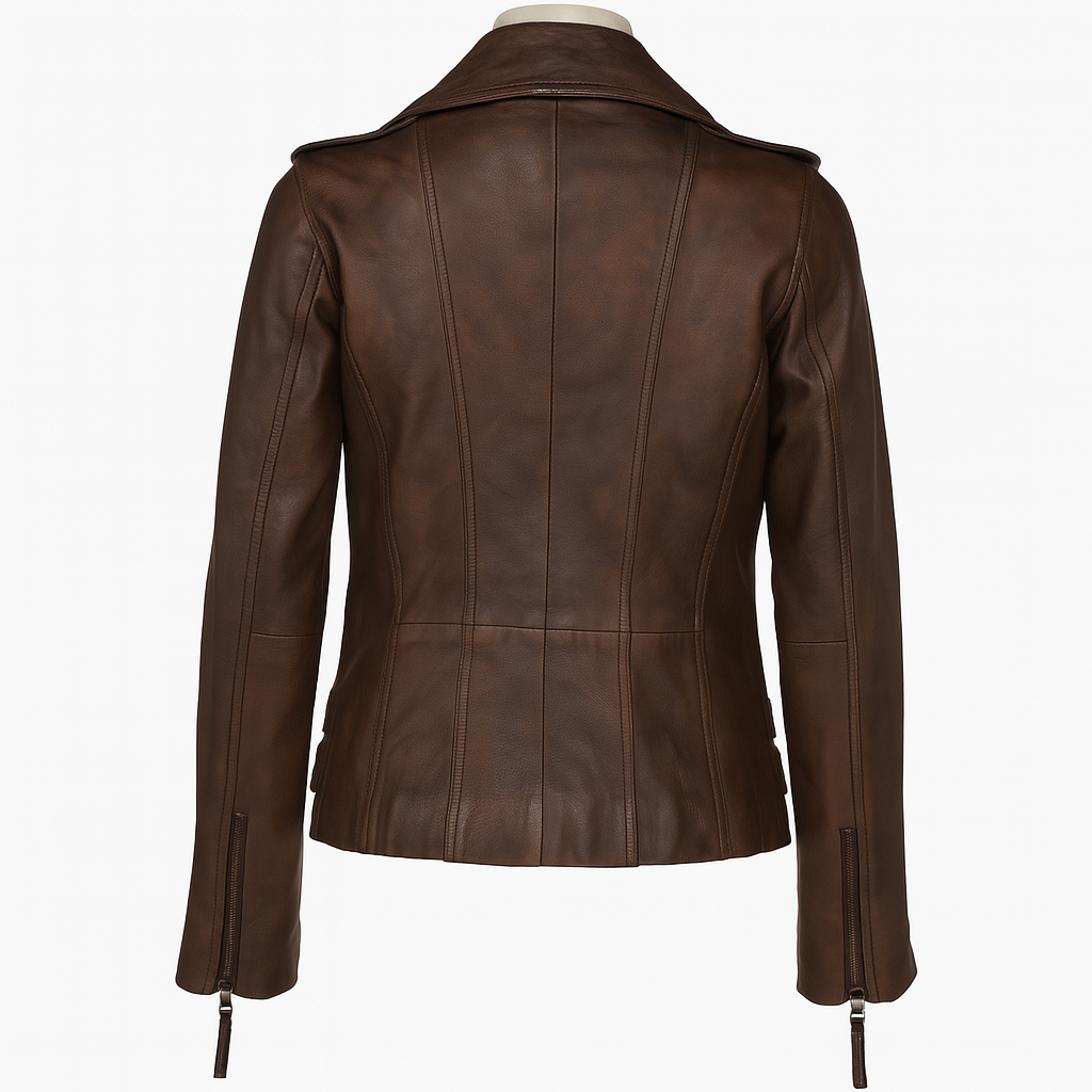 Ashwood Timber chocolate brown biker jacket, back view with stitched paneling.