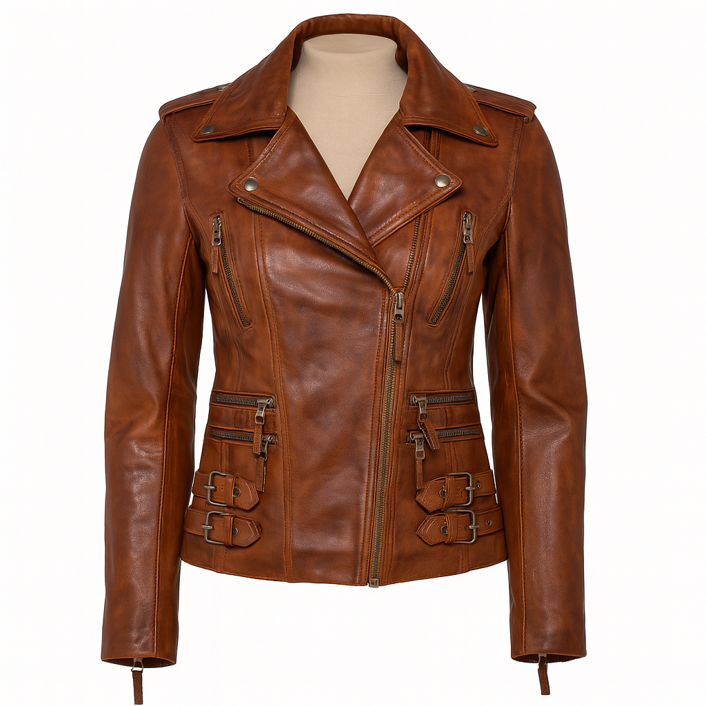 Ashwood Timber tan lambskin biker jacket, front view with zipper and buckles.