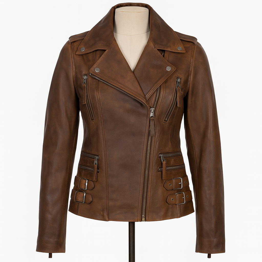 Ashwood Timber vintage lambskin biker jacket, front view in chocolate brown.