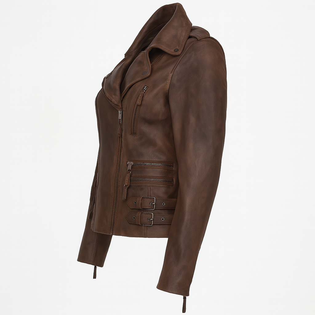 Ashwood Timber biker jacket in chocolate brown, side view with buckle detail.