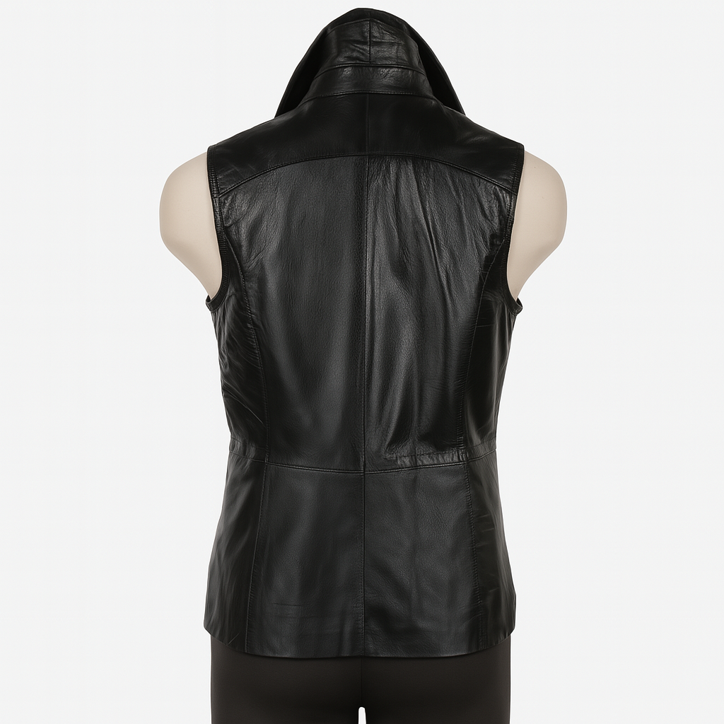 Vesta women’s leather biker vest, back view in black.
